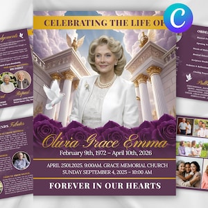 May include: A memorial service announcement with a portrait of a woman, framed by purple roses and architectural elements. Text includes the name "Olivia Grace Emma" and dates, with the phrase "Forever in Our Hearts."