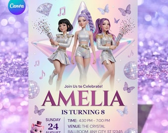 Invitación de cumpleaños de cazadores de demonios de K-pop, plantilla editable de Canva, invitación brillante para fiesta de cumpleaños de niñas, descarga digital imprimible