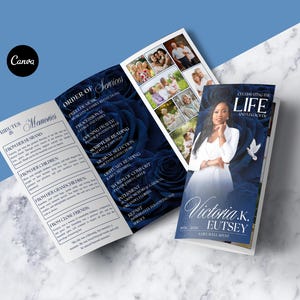 May include: A tri-fold funeral programme featuring a dark blue rose background. The cover displays a portrait of a woman, the text Celebrating the Life and Legacy of Victoria K. Eutsey, and a white dove. The interior lists the Order of Services and Tributes.