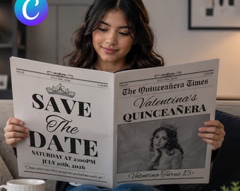 Quinceañera-krantuitnodigingssjabloon, bewerkbare Save the Date-poster (digitale download)