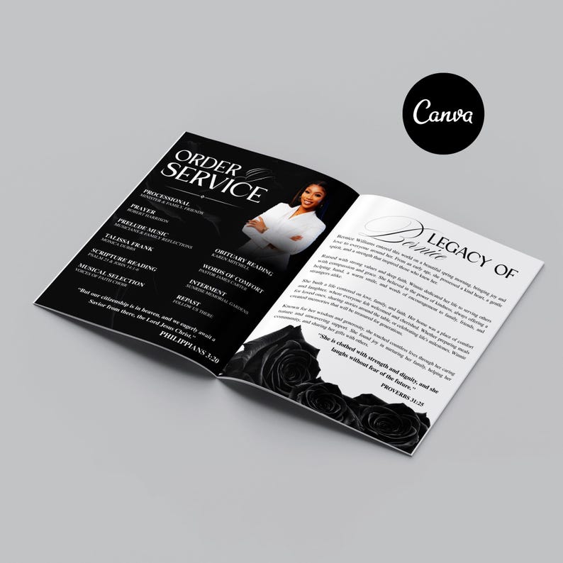 black rose funeral booklet editable template
obituary program template celebration of life
funeral program cover page black rose design
editable memorial service template black rose