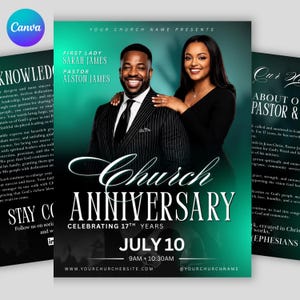 Peut inclure: Un dépliant numérique pour un anniversaire d'église montrant un homme en costume rayé et une femme en robe noire. Le texte indique First Lady Sarah James, Pastor Alston James, Church Anniversary, Celebrating 17th Years, July 10, 9AM et 10:30AM.