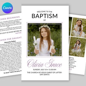 May include: A white baptism program template featuring the text Welcome to the Baptism of Olivia Grace, Sunday, July 14, 11:00 AM, The Church of Jesus Christ of Latter-day Saints, and a photo of a girl in a white dress holding a candle and rosary.