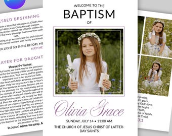 Plantilla de programa de bautismo para niña de 4 páginas en Canva, folleto de bautismo SUD morado y blanco, programa de bautismo editable, bautismo de hija, descarga instantánea.