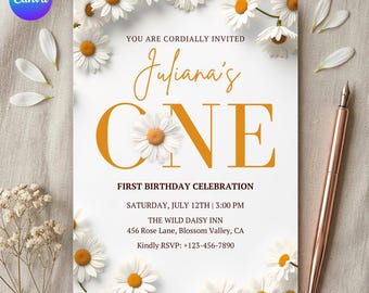 Plantilla de invitación de primer cumpleaños con margaritas, invitación floral con diseño de flores silvestres para la fiesta del primer cumpleaños (descarga digital)