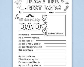 Cuestionario imprimible para el Día del Padre / Hoja de trabajo "Todo sobre mi papá" / Plantilla editable de Canva / Actividad para niños del Día del Padre