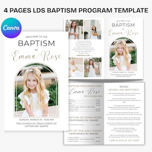 May include: A four-page baptism program template for Emma Rose. The design features a photo of a young girl, elegant gold script, and the text "Welcome to the Baptism of Emma Rose." The program includes details for the ceremony.