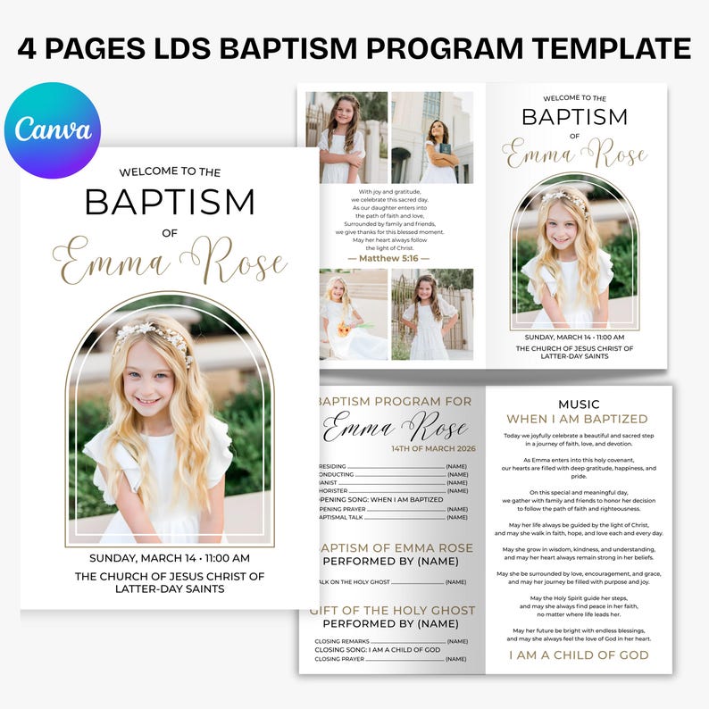 LDS Baptism Program Template Girl | Floral Editable Canva (digital ...