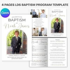 May include: A four-page baptism program template with the text "Welcome to the Baptism of Noah James." The design includes photos of a young person in a suit. The template is for The Church of Jesus Christ of Latter-day Saints.