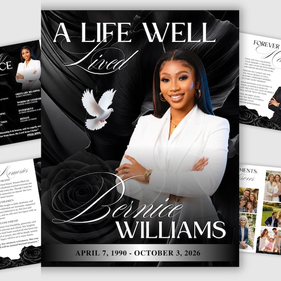 Funeral Program Template, Black Rose Memorial Booklet (Canva, Instant Download)