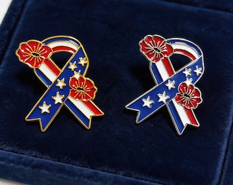 Patriotic Ribbon Enamel Pin Set, Red White Blue Memorial Brooch Collection, Poppy Flower USA Awareness Pins for Jackets Bags Gifts