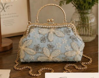 ライトブルーの刺繍入り花柄クラッチバッグ、ヴィンテージ風イブニングハンドバッグ、ブライダルウェディング用財布