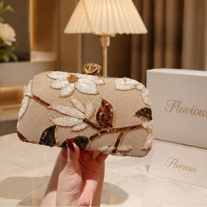 Apricot Embroidered Sequin Box Bag, Floral Appliqué Evening Clutch Purse