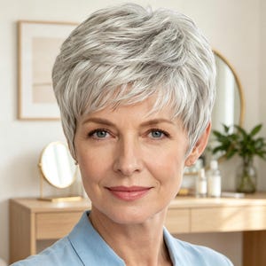 May include: A short, layered pixie cut wig featuring a blend of silver and grey hair tones. The hairstyle has textured, wispy bangs that frame the forehead and soft volume at the crown, creating a natural look with a light blue collared shirt.