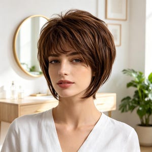 May include: A woman with a short, layered brown hairstyle. The hair has a side fringe and a bob cut. The hair has highlights and lowlights, adding depth. The woman is wearing a white top. The background includes a mirror and a plant.