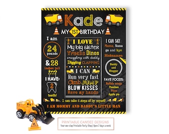 Dump Truck Birthday Chalkboard Poster Construction Stats Sign Yellow Orange Decor Milestone Printable File