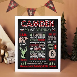 Lumberjack 1st Birthday Chalkboard Sign Moose Deer Milestone Stats Board Buffalo Plaid Decor Printable File