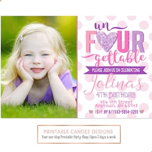 UnFOURgettable Birthday Invitation 4th Party Invite Pink Purple Fourth Bday Girl Printable File