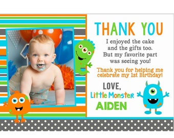 Monster Thank you  Boy 1st Birthday Party Bash Theme Orange Blue Green Photo card, Printable DIY