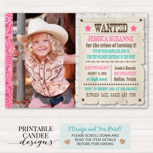 Cowgirl Birthday Invitation, Cowgirl Birthday, Wanted Poster Invitation, Pink Cowgirl Invitation, Rustic Invitation, DIY Custom Printable