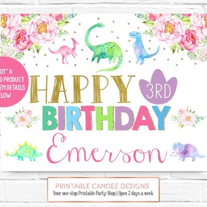 Girl Dinosaur Party Backdrop Dino Theme Birthday Decor Background Poster Printable Banner