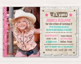Cowgirl Birthday Invitation, Cowgirl Birthday, Wanted Poster Invitation, Pink Cowgirl Invitation, Rustic Invitation, DIY Custom Printable