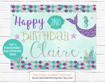 Mermaid Party Birthday Backdrop Purple Teal Gold Poster Under the Sea Mermaids Theme Decor Banner Background Printable File