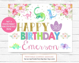Girl Dinosaur Party Backdrop Dino Theme Birthday Decor Background Poster Printable Banner