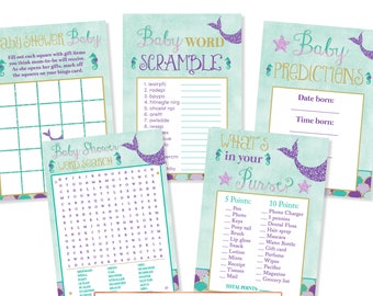 Mermaid Baby Shower Games, Under the Sea Shower, Baby Shower Bingo, Mermaid Diaper Raffle, What's in Your Purse, Printable Digital DIY