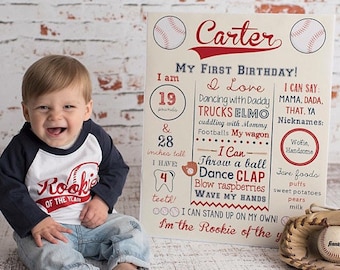 Baseball First Birthday Chalkboard Sign - Baseball Birthday Sign - Milestone Sign - Printable Stats Sign - 1st Birthday Custom Board - Sport