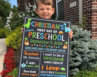 Dinosaur First Day Of Preschool Sign 1st Day of Kindergarten Back to School Stats Chalkboard Milestone Any Grade Printable
