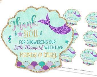 Mermaid Baby Shower favor tags, Under the Sea gift tags, Mermaid Party Decor, thank you tags, Purple Teal Gold, Printable Digital