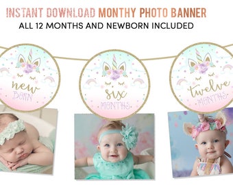 Banner de cumpleaños con foto de unicornio de 12 meses, fiesta de primer cumpleaños de unicornio, unicornio pastel, banner de primer año, decoración de unicornio