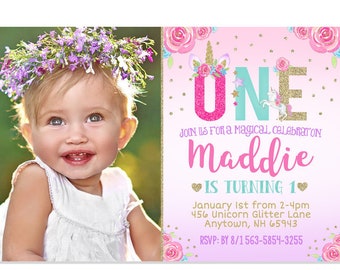 Unicorn 1st Birthday Invitation, Floral Unicorn, Unicorn Party, Rainbow Unicorn Party, Pink Gold Purple Aqua Printable