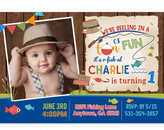 Fishing Birthday Invitation, Big One Gone Fishing Boy First Birthday, Rustic Fishing, It's o-fish-al Birthday Party, Digital JPEG