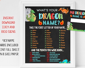 Dragon name game Dragon Birthday Dragon Party Sign Printable Instant Download