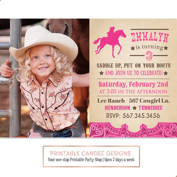 Cowgirl Birthday Invitation, Rustic Cowgirl Party, Horse Birthday, Pink Cowgirl, Vintage Cowgirl Invite, DIY Custom Printable