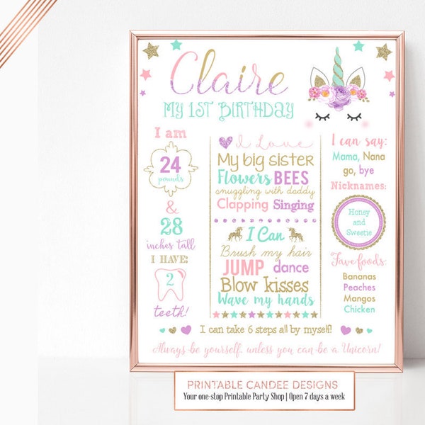 Unicorn 1st Birthday Chalkboard Milestone Stats Sign Gold Aqua Pink Purple Theme Decor Printable File