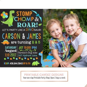 Invitación de cumpleaños de dinosaurio hermano gemelo Dino fiesta invitar tiza Dino niño naranja Bue verde archivo imprimible