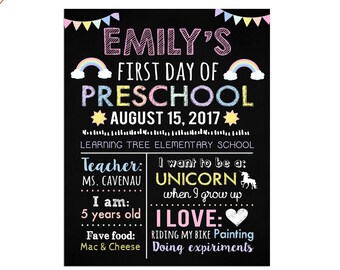 Pastel Rainbow First Day Of Preschool Sign 1st Day of Kindergarten Back to School Stats Chalkboard Milestone Any Grade Printable