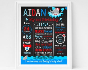 Shark Birthday Chalkboard Poster Printable, First Birthday Chalkboard Printable Sign, Shark Themed Milestone Sign, Shark Decor