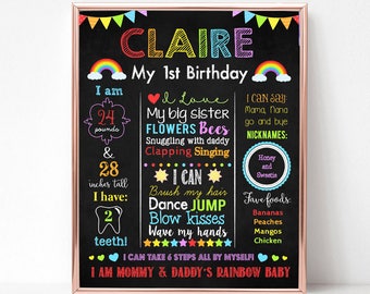 Rainbow First Birthday Chalkboard Sign,  Rainbow Chalkboard Sign, Milestone Sign, Printable Stats Sign, 1st Birthday Custom Board