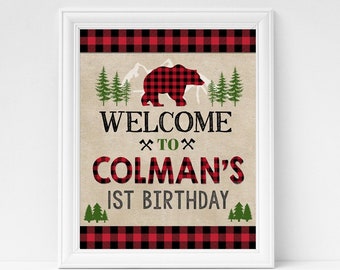 Lumberjack Welcome Sign Bear Moose Party Theme Buffalo Plaid Poster Decor Printable File