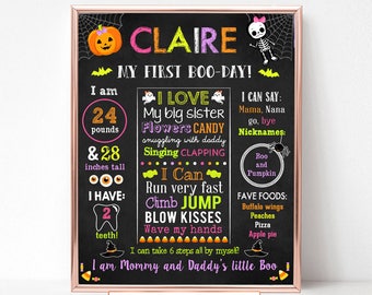 Girl Halloween First Birthday Chalkboard Sign Milestone Poster Printable Stats Sign 1st Birthday Custom Board File