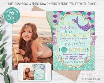 Photo Mermaid Birthday invites Instant download and edit Girls Mermaid Birthday party Purple Fuchsia teal and gold