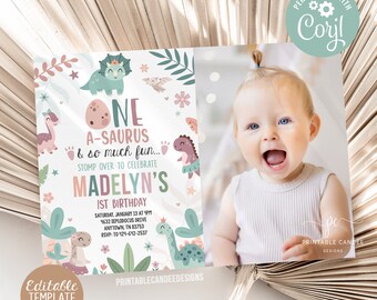 May include: A printable dinosaur-themed first birthday invitation with a pink, green, and white color scheme. The invitation features a cute dinosaur illustration and the text "One A-saurus & so much fun... Stomp over to celebrate Madelyn's 1st Birthday".