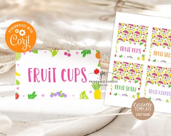 May include: Printable food labels with a tropical fruit theme. The labels feature a variety of fruits, including watermelon, pineapple, strawberries, and bananas. The text on the labels reads "Fruit Cups", "Fruit Salad", "Fruit Sushi", and "Fruit Kabobs".