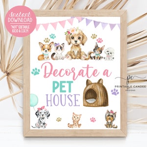 Pet Decorate a House Party Game Sign Dog Birthday Party Adopt a Pet Decor Kitten Theme Girl Cat Activities Watercolor Printable Decor
