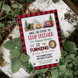 Camping Party Invitation Template Bear Lumberjack Birthday Invite Printable BRPC image 1