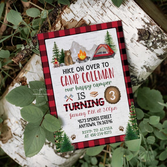 Camping Party Invitation Template Bear Lumberjack Birthday Invite Printable BRPC